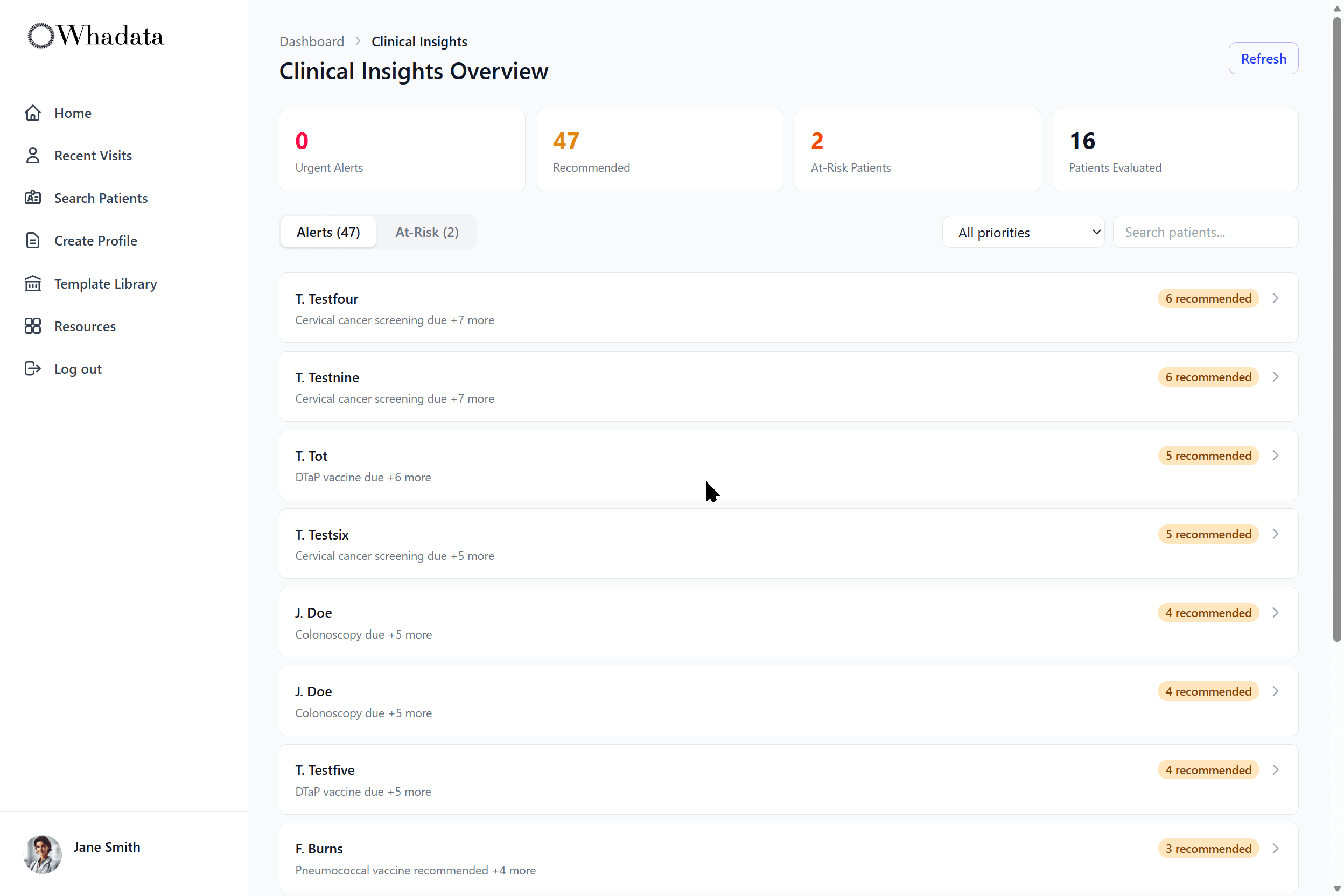Whadata Insights - Practice patient list