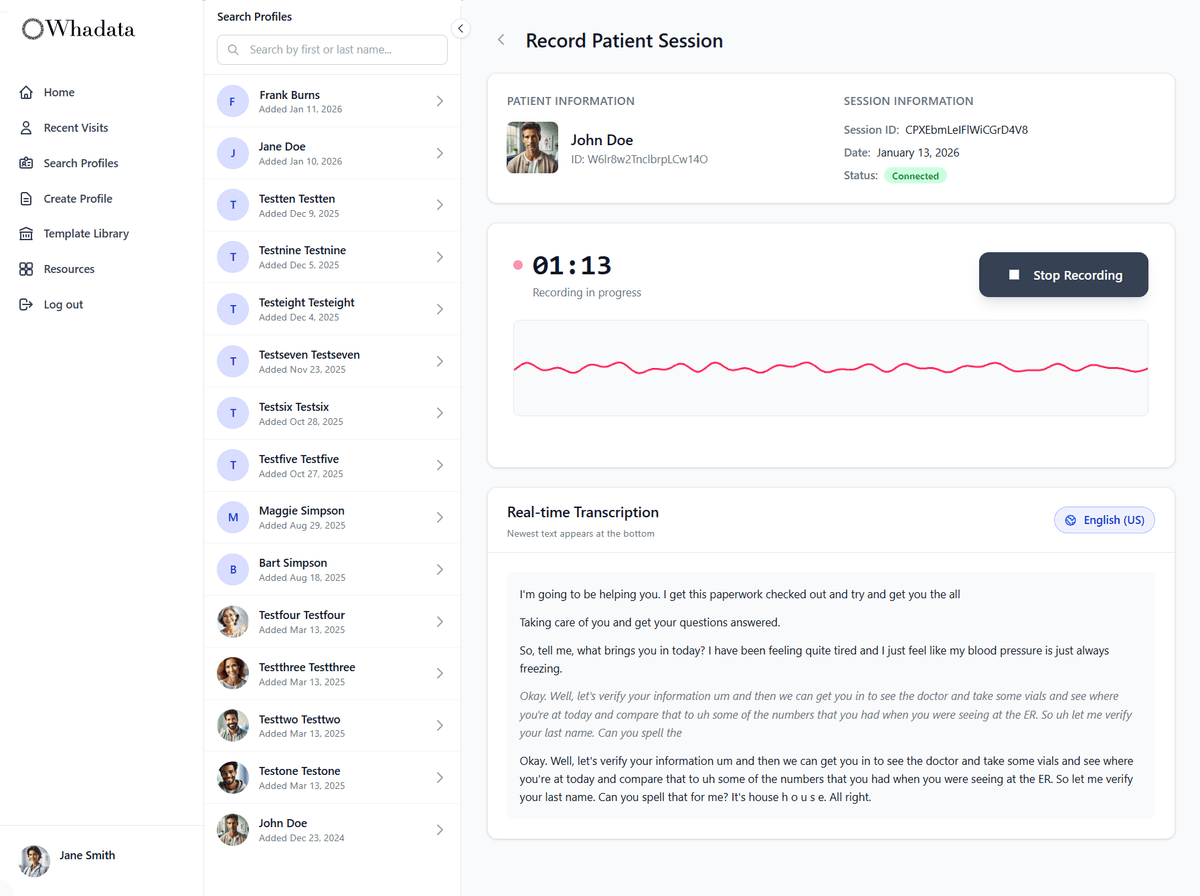 Whadata AI Medical Scribe recording interface