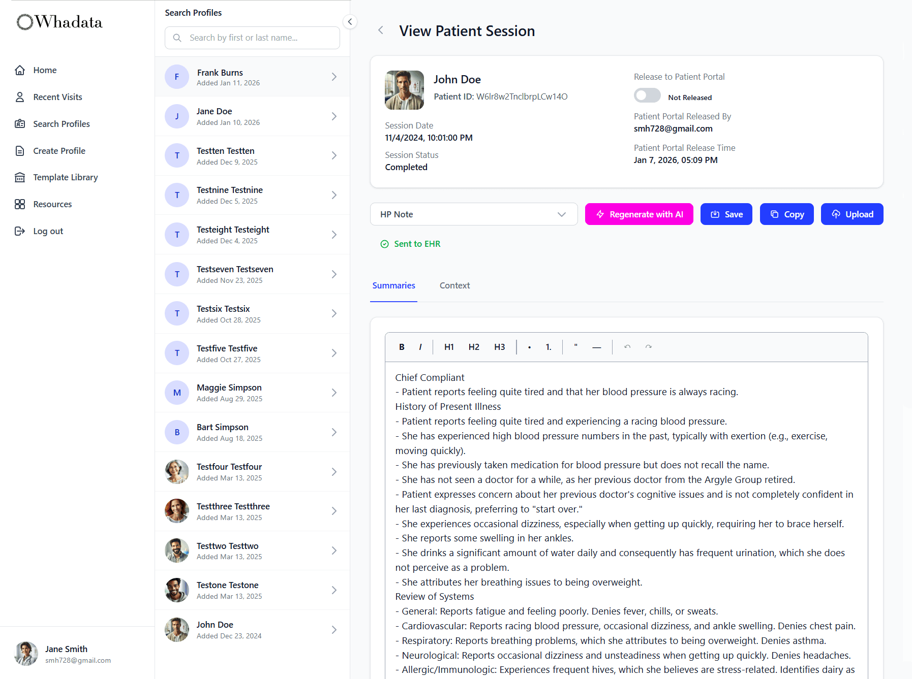 Whadata web app - Summary view