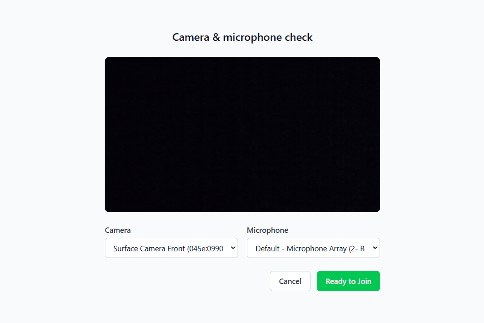 Pre-call camera and microphone check with a video preview, camera and microphone pickers, and a Ready to Join button