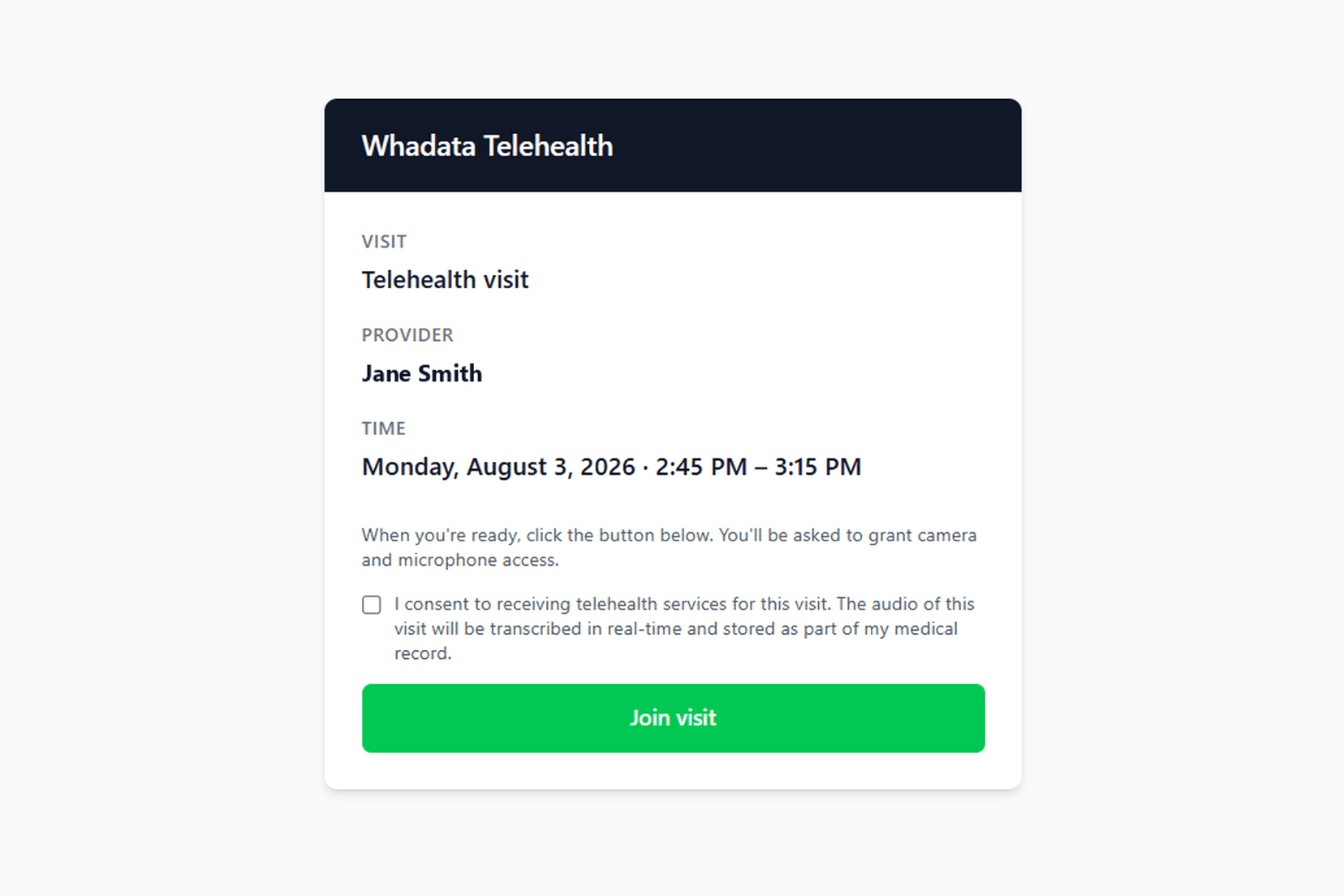 Patient join screen showing the visit, provider, time, a consent checkbox, and a join button