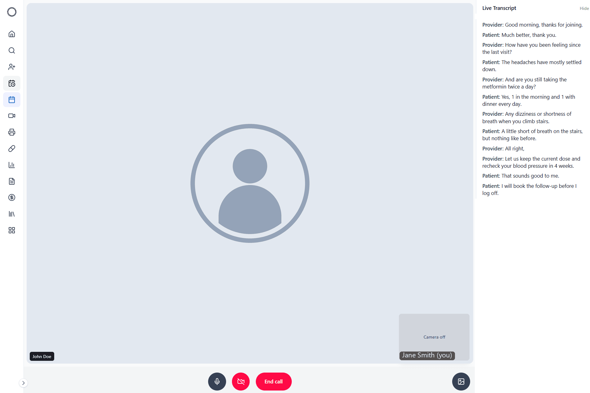 Telehealth call with the live transcript rail open, clinician and patient lines labeled separately